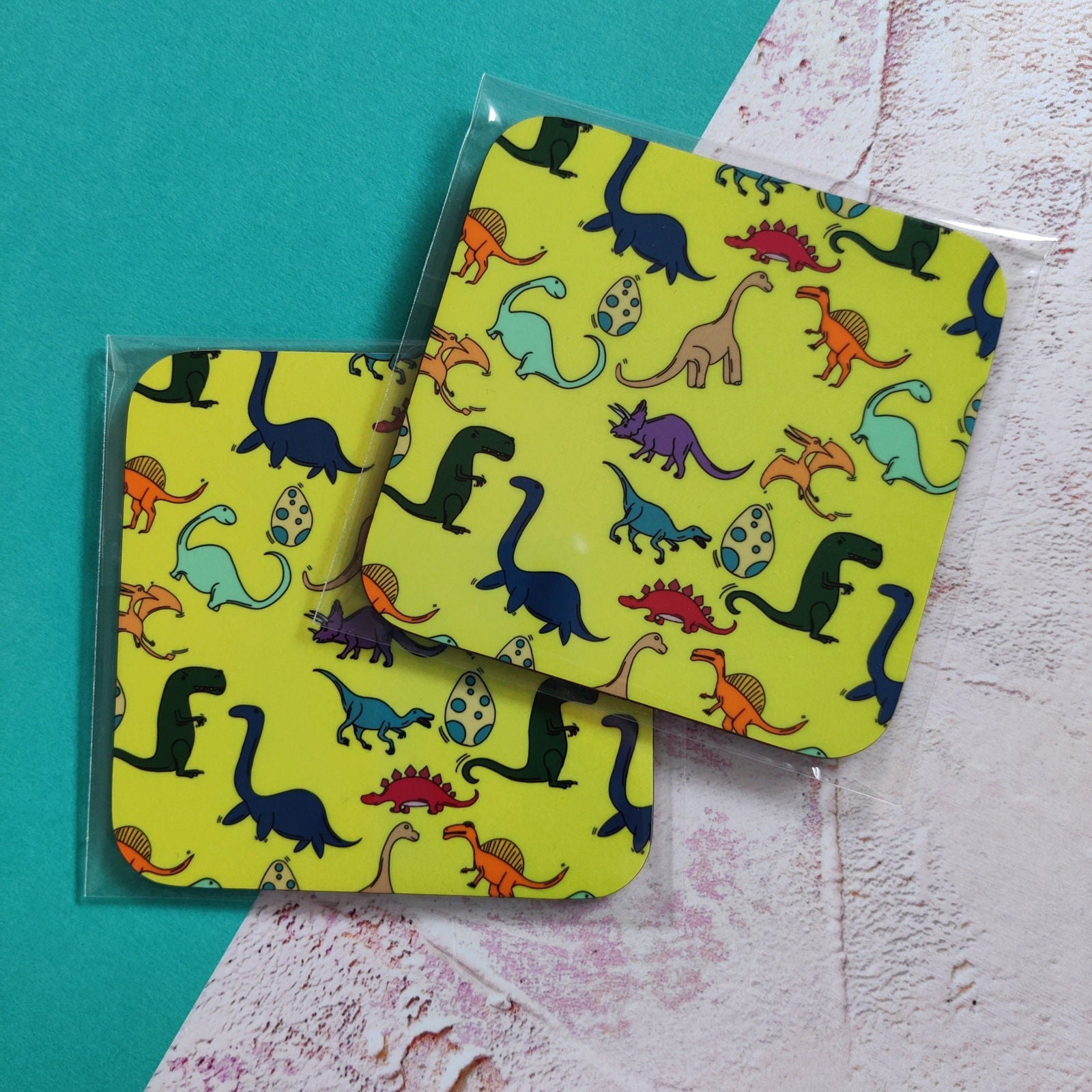 Coloured Dinosaur Square Coaster - Fay Dixon Design