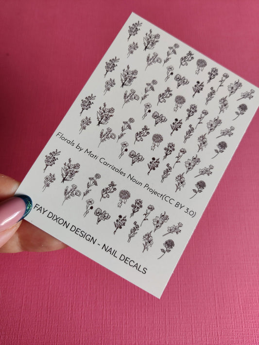 Floral Line Drawing Waterslide Nail Decals - Fay Dixon Design